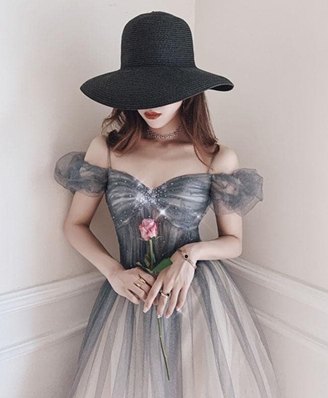 Gray Sweetheart Tulle Long Prom Dress Off Shoulder Tulle Formal Dress