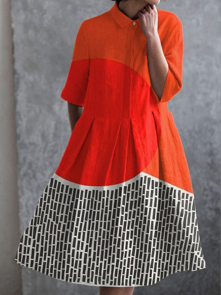 Women's Vintage Abstract Geometry Print Pocket Cotton Dress