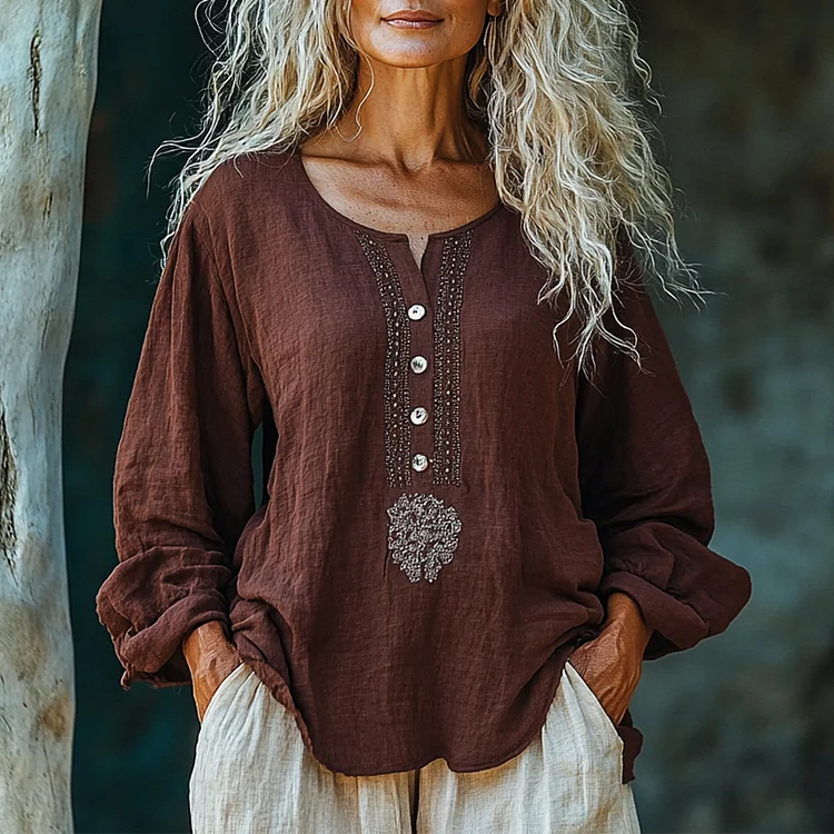 Women's Linen Bohemian Simple Long-sleeved Shirt