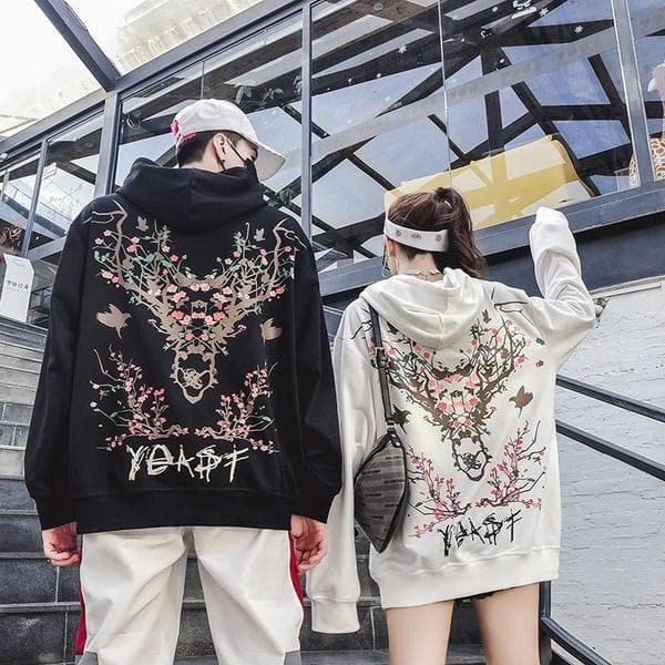 Black/White Loose Floral Deer Hoodie Jumper S12906