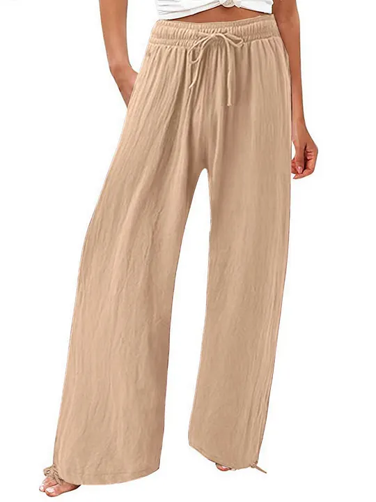 Summer Casual Loose Beach Pants Women's Wide Leg Pure Color Rope Detailing Long Trousers Comfortable Loose Fit Beachwear
