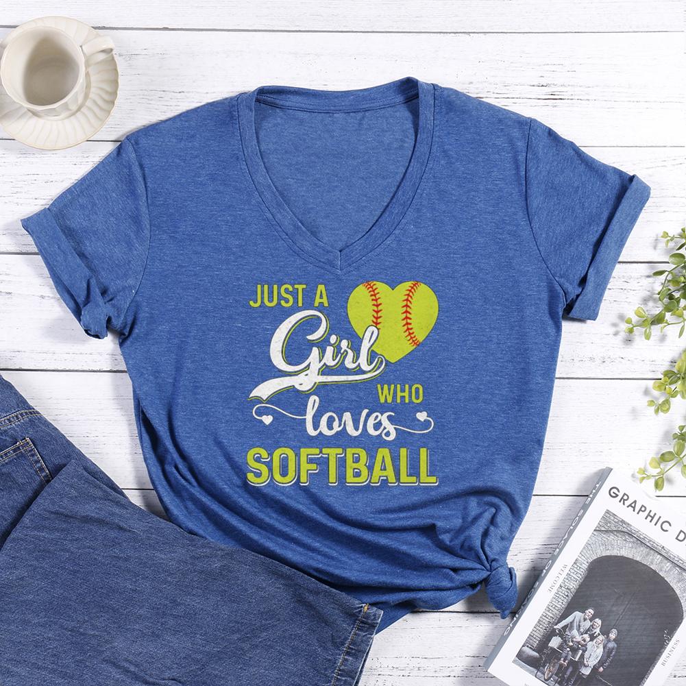 JUST A GIRL softball V-neck T Shirt-Guru-buzz