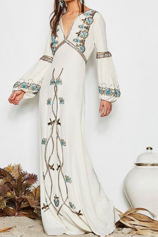 Boho Embroidered Lantern Sleeves Maxi Dress - BlackFridayBuys