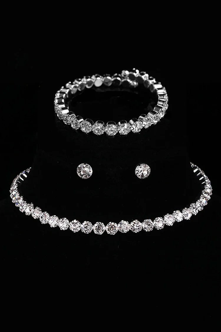 Shinning Rhinestone Necklace Bracelet Stud Earrings Three-Piece Set-Silver