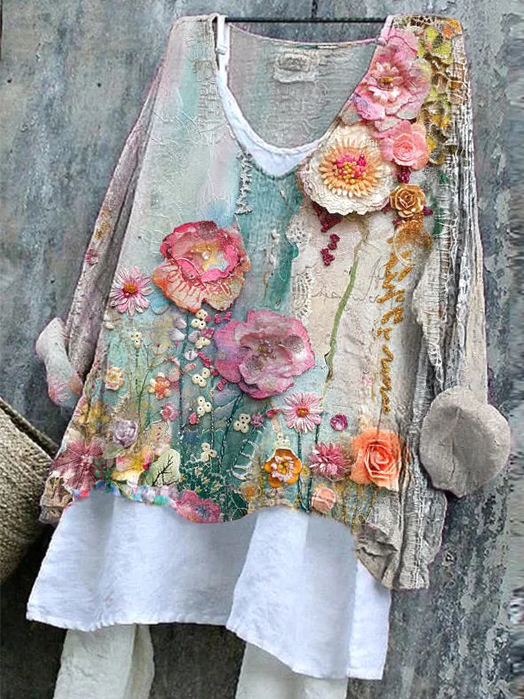 Comstylish Vintage Floral Print Linen Blend Casual Shirt