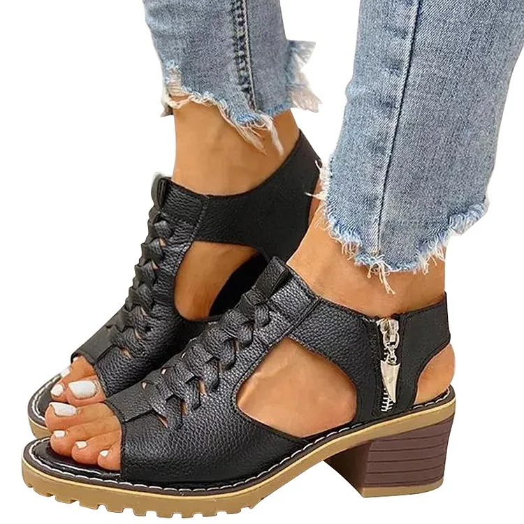 Women's Peep Toe Cutout Zipper Chunky Heeled Sandals