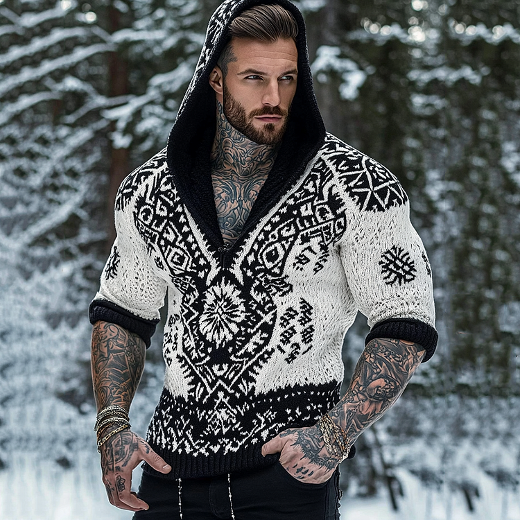 Men's Viking Tribal Pattern Jacquard Celtic Cozy Hooded Sweater
