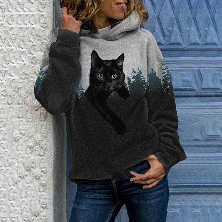 Vefave Cat Print Loose Long Sleeve Casual Hoodie
