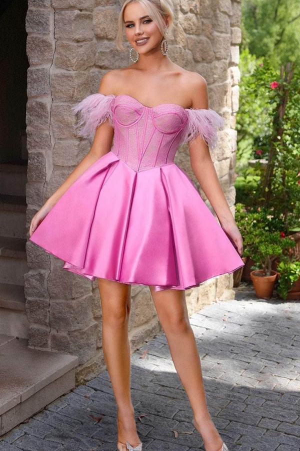 Lussooy Elegant Off the Shoulder Short Pleated Homecoming Dress with Feather
