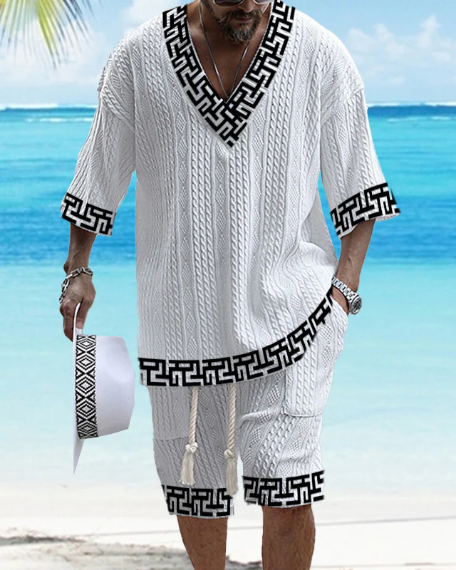 Men's V-neck luxury textured print shorts Set 024