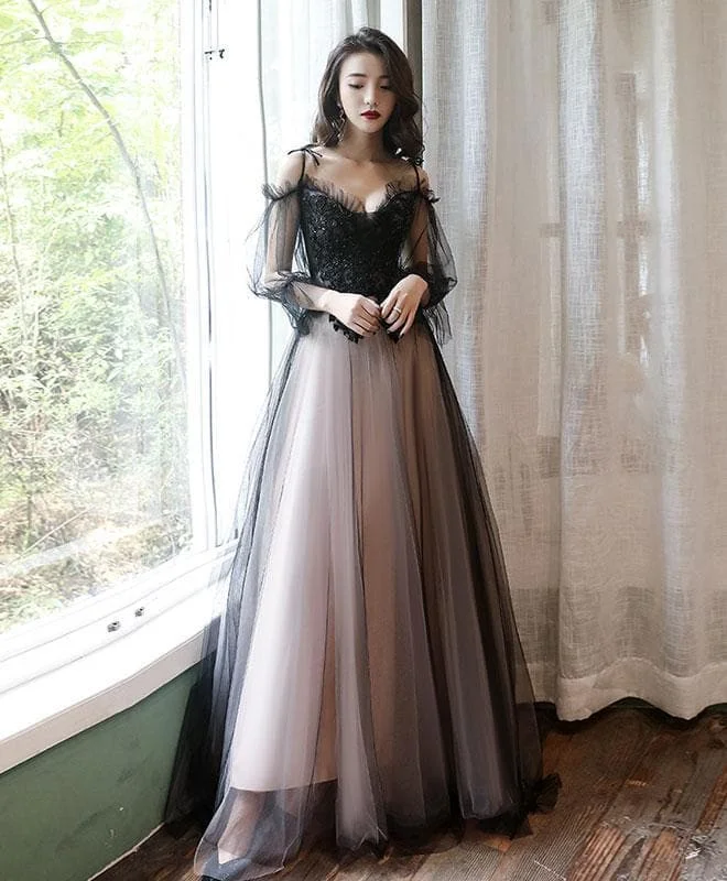 Black Tulle A-Line Lace Long Prom Dress Tulle Lace Formal Dress SP17158