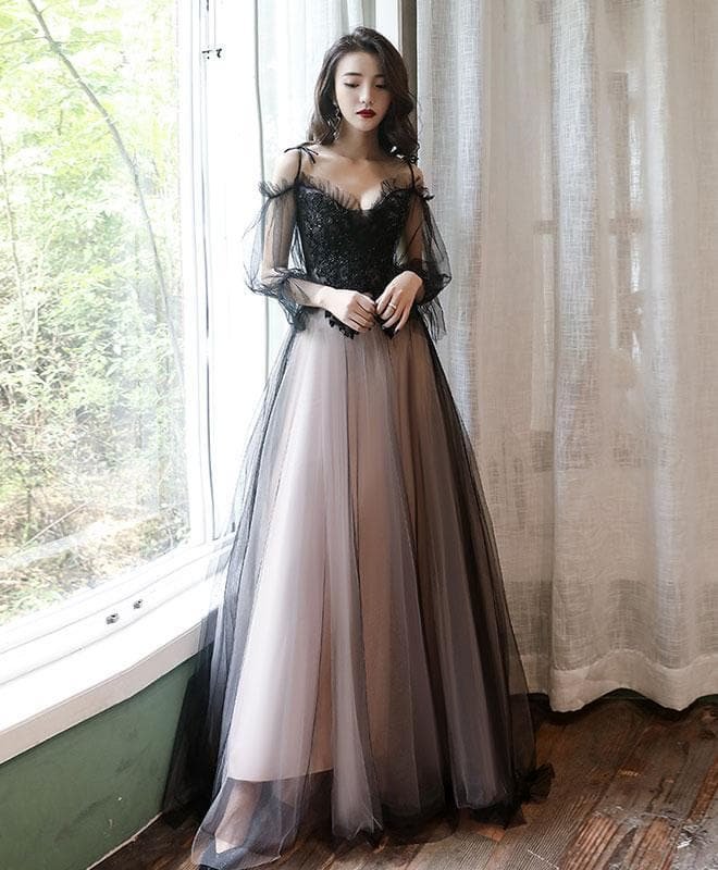 Black Tulle A-Line Lace Long Prom Dress Tulle Lace Formal Dress SP17158