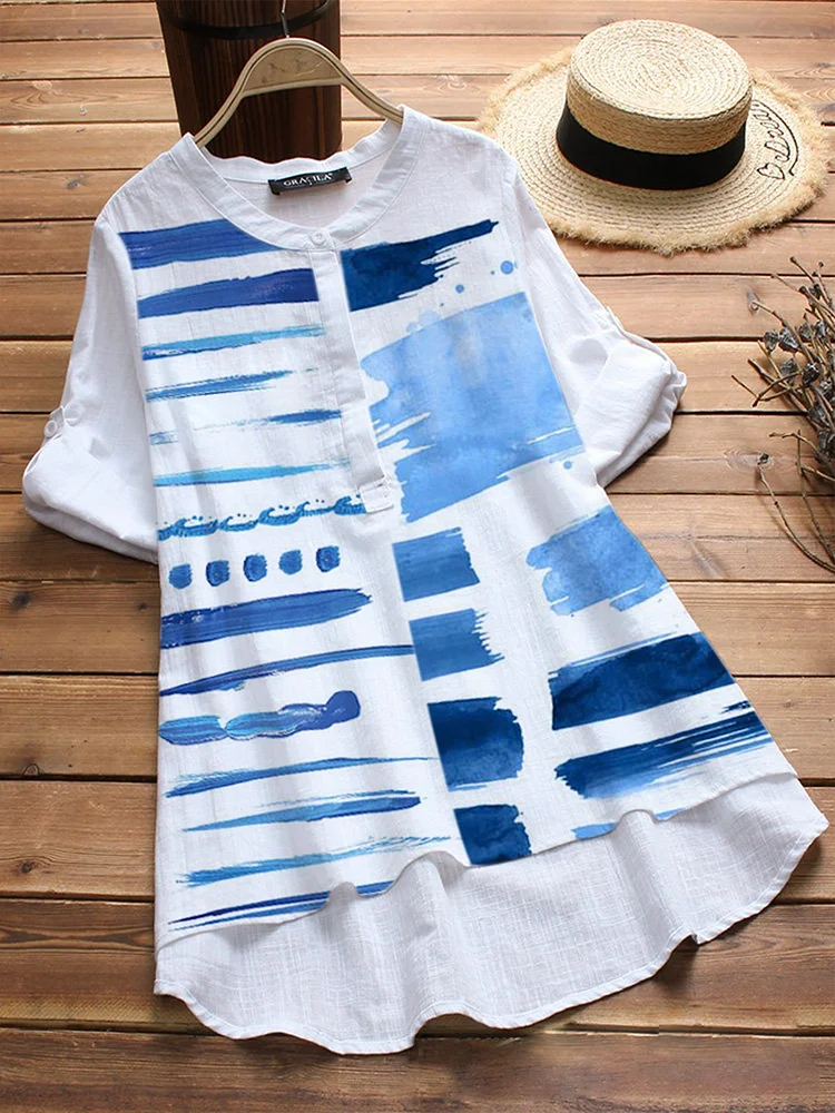 Bestdealfriday White Short Sleeve Geometric Cotton Blend Shirts Tops 9214642