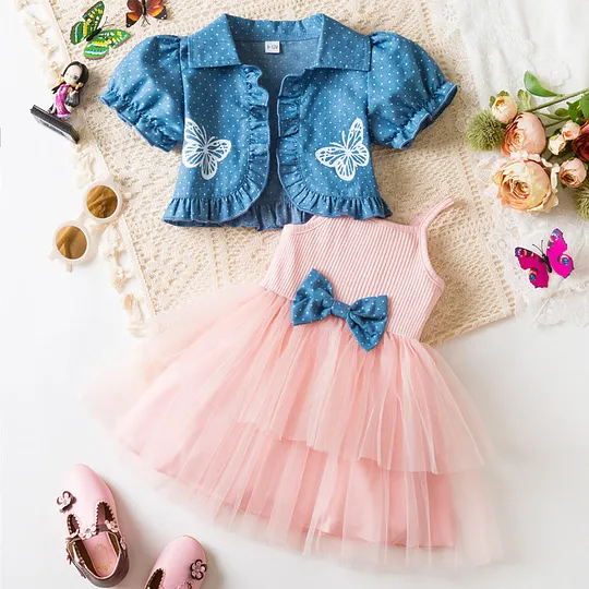【9M-3Y】Girls' Butterfly Print Top + Strap Patchwork Tulle Dress 2-Piece Set