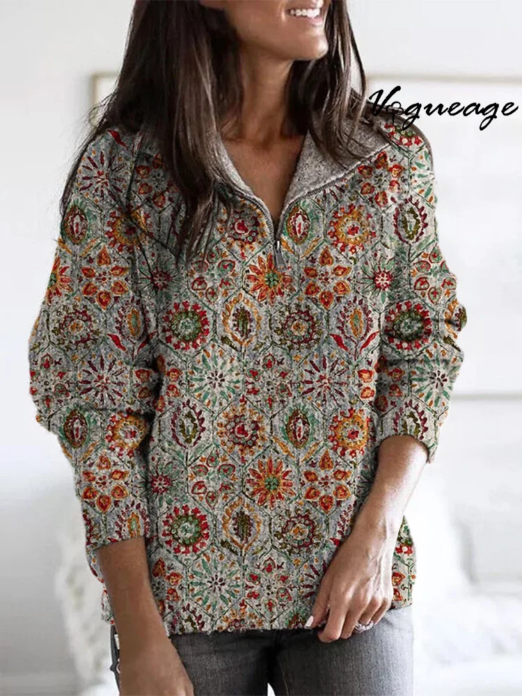 Daily Hexagonal Geometric Pattern Flower Shape Zippered Long-Sleeved Sweater