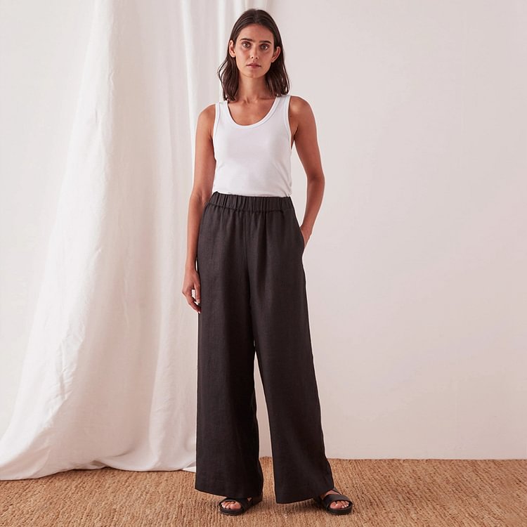 Black Wide Leg Linen Pants-ChouChouHome