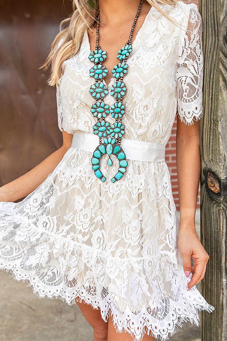 KarliDress Lace V Neck Short Sleeved Mini Dress P12605