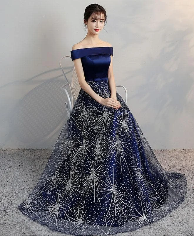 Blue Off Shoulder Long Prom Dress, Blue Evening Dress