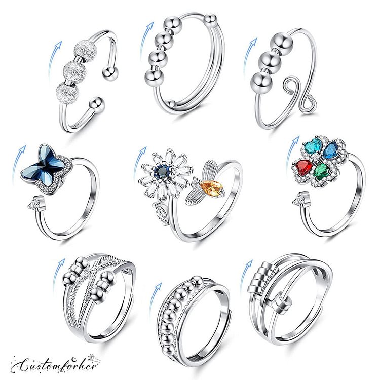 9 PCS Anxiety Ring Fidget Butterfly Flower Beads Adjustable Rings