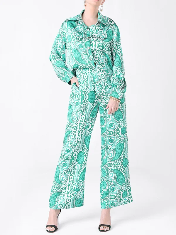 Stamped Long Sleeves Lapel Shirts&High Waisted Pants Two Pieces Set