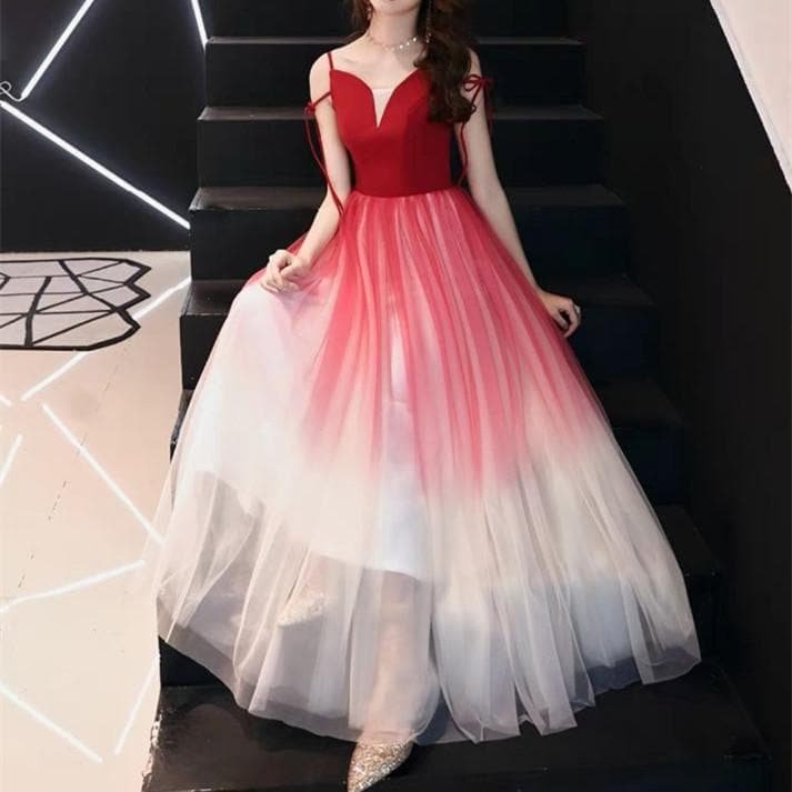 Black/Red Gradient Tulle Party Maxi Dress SP14086