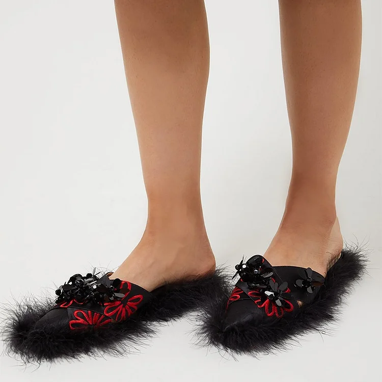 Black Satin Pointed Toe Faux Feather Floral Flat Mules |FSJ Shoes