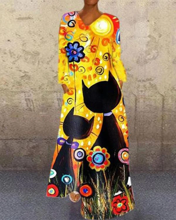 V Neck Printed Casual Animal Printed Long Sleeve Dresses