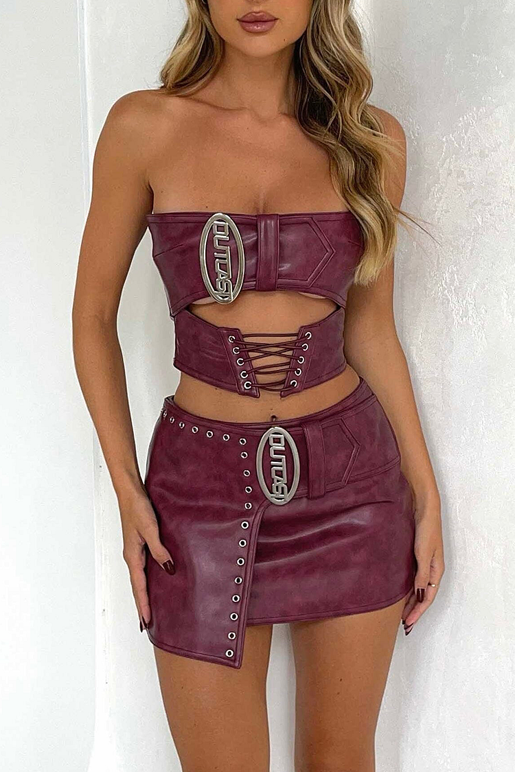 PU Leather Cutout Crop Tube Top Mini Skirt Matching Set-Burgundy [Pre Order]