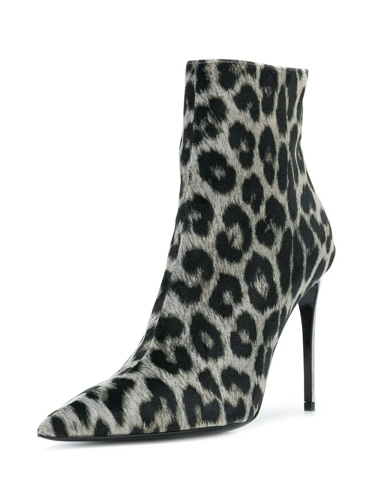 Grey Leopard Print Boots Stiletto Heel Ankle Boots |FSJ Shoes