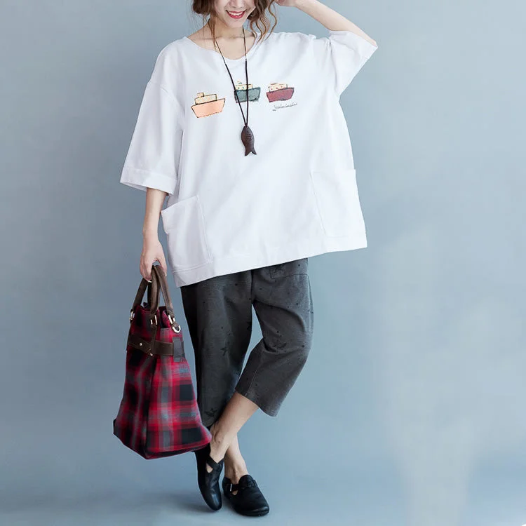 Simple Half sleeve pockets cotton tops women Boho Fabrics white tunic
