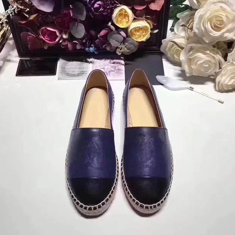 TAAFO Cap Toe Espadrilles Straw Flats Golden Silver Navy Blue Famous Ladies Shoes Soft Vegan Leather Casual