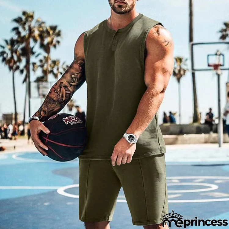 Men Casual Round Neck Loose Solid Color Vest And Shorts Two-Piece Set