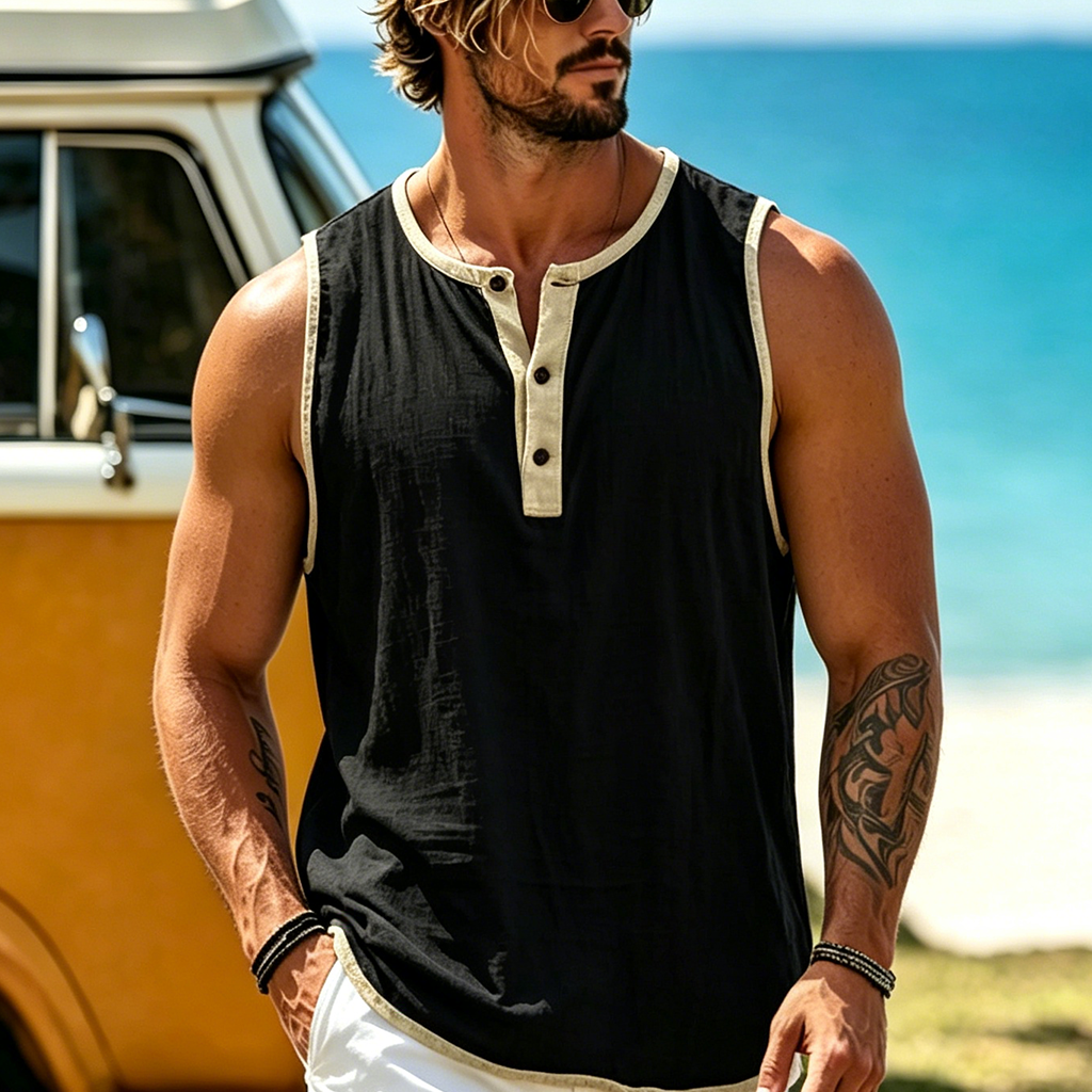 Men's Cotton Linen Sleeveless Henley Tank Top With Color Block Trim Avantcool