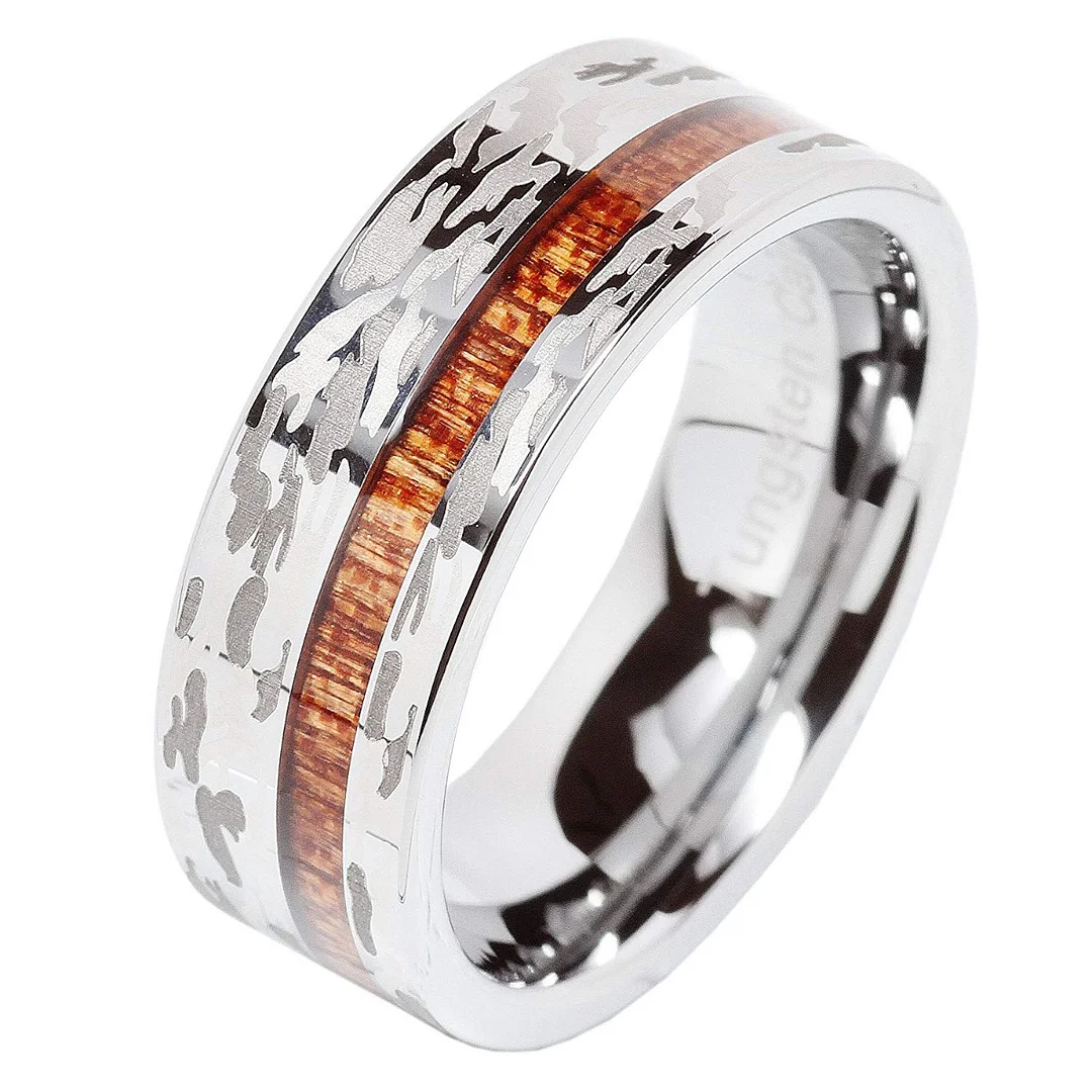 Mens Women Tungsten Ring Camo Army Hunting Wood Inlay Silver Men Womens Wedding Band Comfort Fit Couple Rings For 4MM 6MM 8MM 10MM