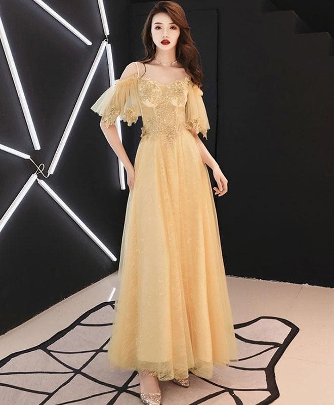 Champagne Tulle Lace Long Prom Dress, Tulle Evening Dress
