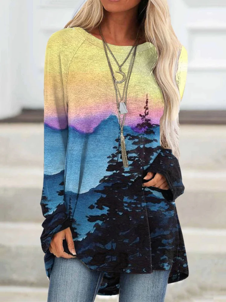 Mountain Art Painting Series Printed Casual Long-Sleeves