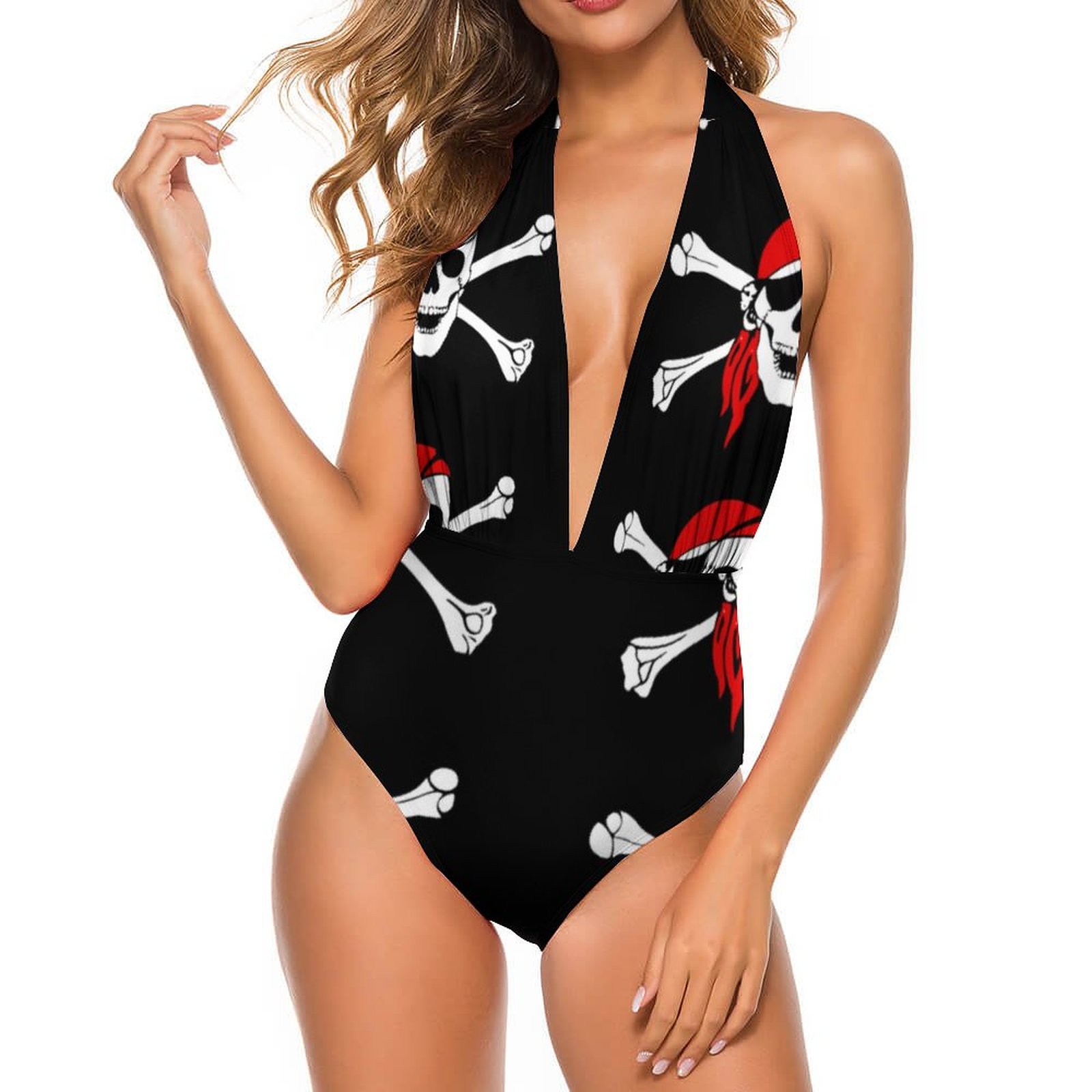 SFNEEWHO Pirate Skull And Crossbones Swimwear Women Halter Plunge V Neck  One Piece Swimsuits Sexy Backless Monokini Bathing Suits 24.99