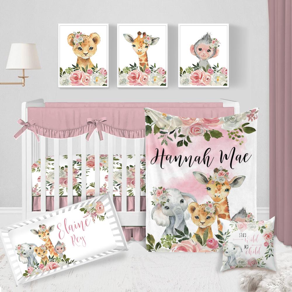 Safari Crib Bedding Set, Baby Girl Crib Bedding Set, Safari, Pink
