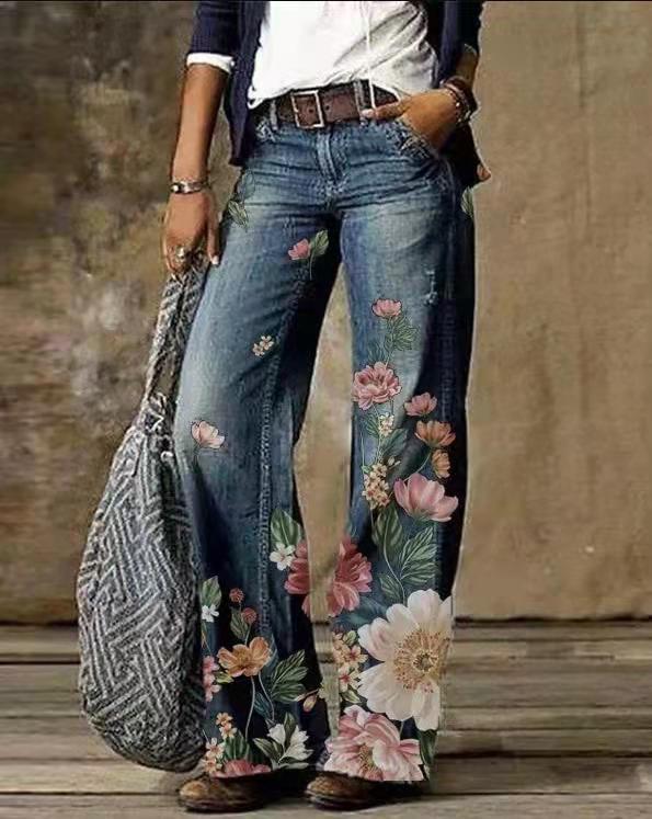 Floral Women's High Waist Straight Leg Wide Fashion Loose Jeans