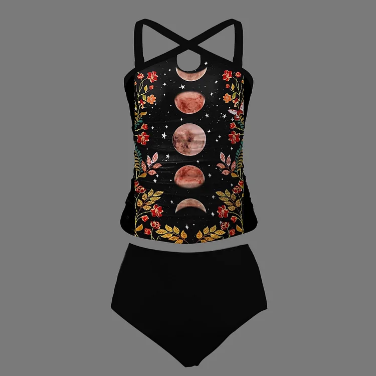 Floral Starry Sky Pattern Cross Collar Swimwear 2 Pcs Set [Pre-Order]
