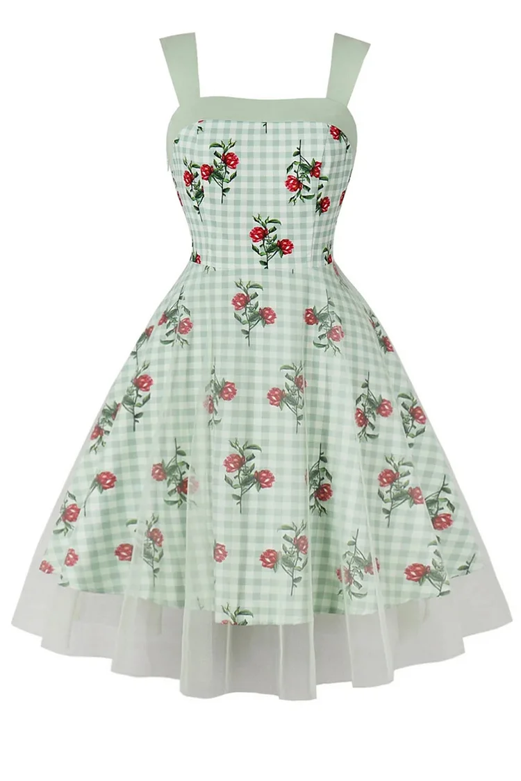 1950s Green Party Plaid Floral Print Mesh Smocking Cami Swing Midi Dress