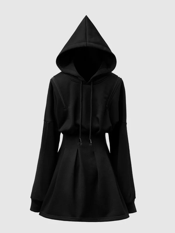 Solid Color Tight Waist Long Sleeve Skater Hooded Dress