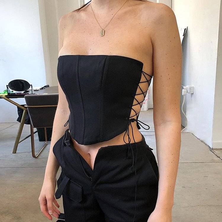 Off Shoulder Strapless Lace Up Sexy Bustier Corset Crop Tops for Women Black Sleeveless Vest Top Cropped Feminino - BlackFridayBuys