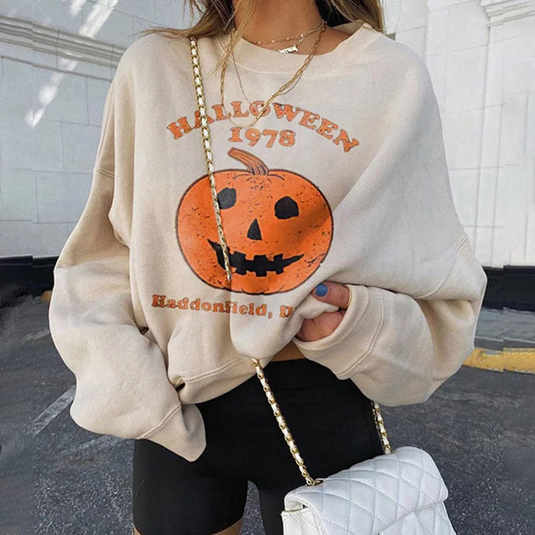 Vefave Halloween Pumpkin Print Crew Neck Sweatshirt