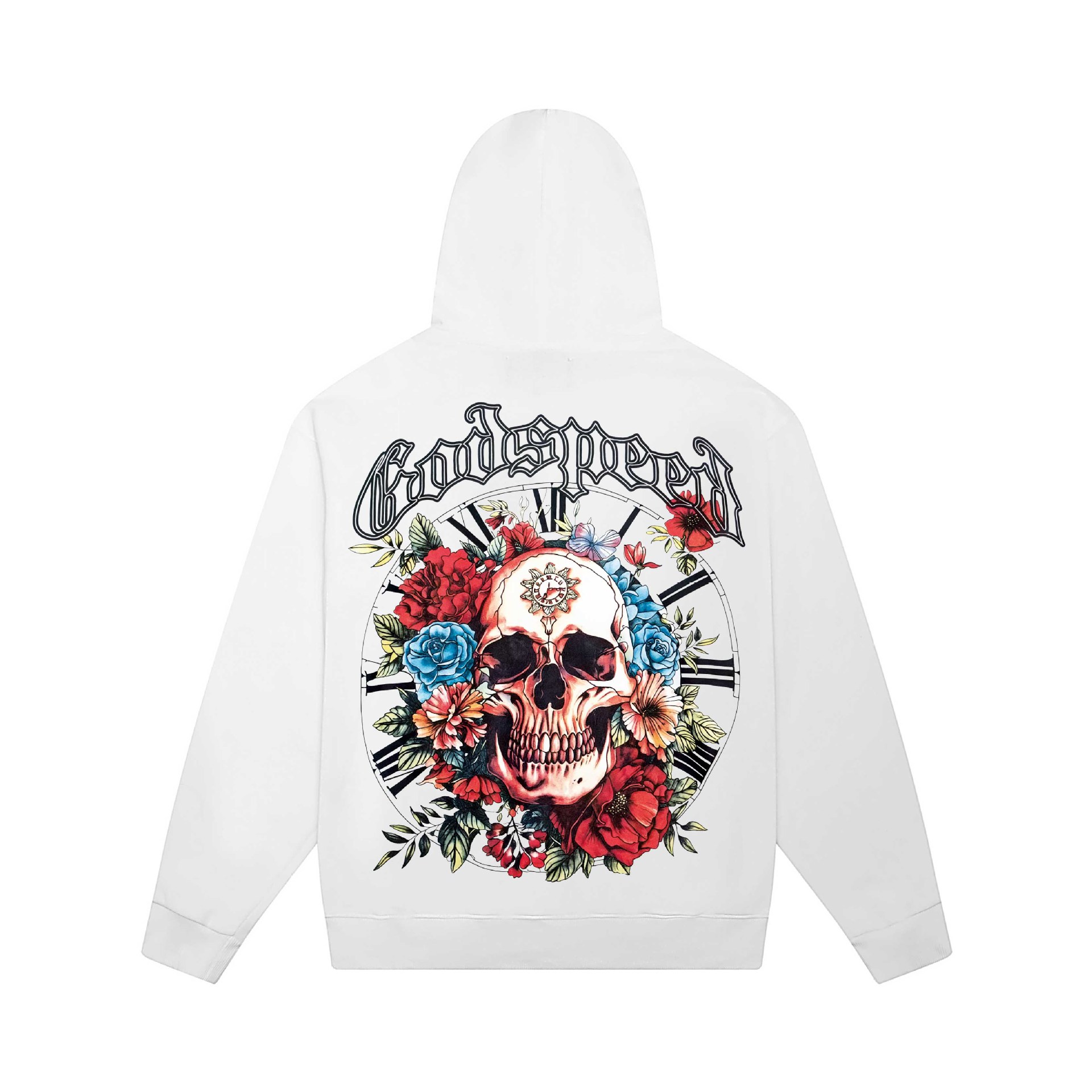 GODSPEED Hoodie White – Floral Skull Oversized Streetwear