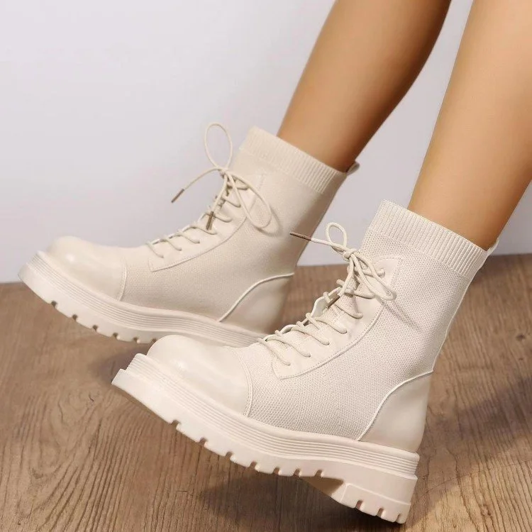 Women's Breathable Round Toe Lace Up Knitted Boots  Stunahome.com