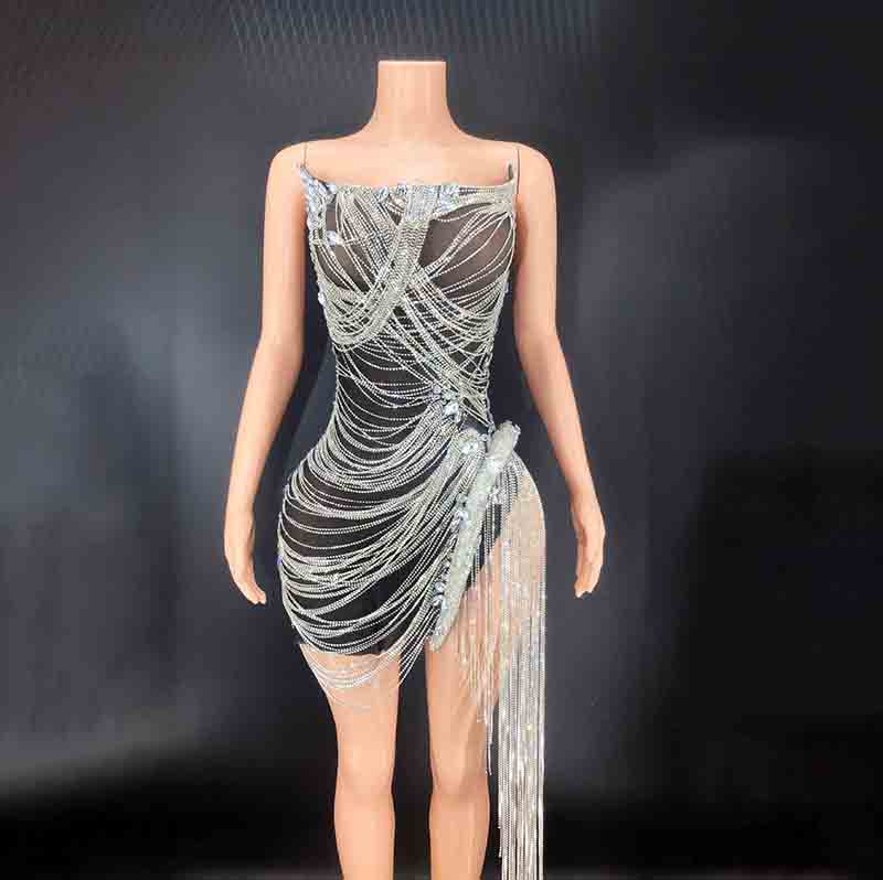 TAAFO For Shiny Diamond Tassels Tube Top Blue Glitter Dress Evening Dresses For Prom Nightclub
