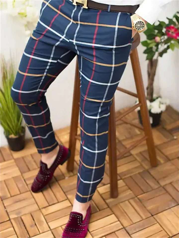 Men's Chinos Trousers Jogger Pants Plaid Dress Pants Print Lattice Full Length Casual Daily Trousers Smart Casual Yellow grid Pink Micro-elastic-JRSEE