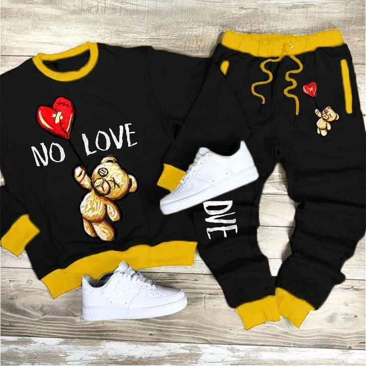 Casual hit color bear print round neck sweater and pants suit