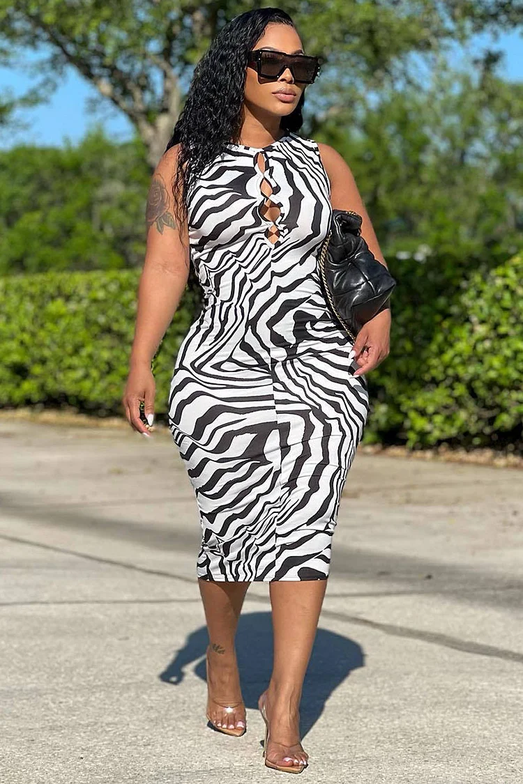 Zebra-Stripe Print Cut Out Sleeveless Bodycon OL Style Midi Dresses